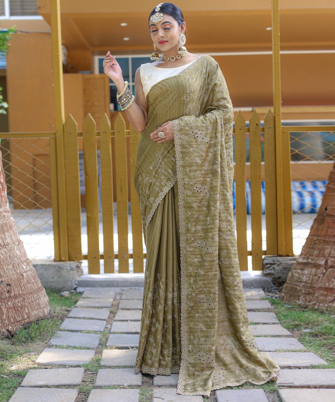 Women's Royal Prussian Blue Georgette Saree with Intricate Silver Thread & Mirror Work Embroidery β Perfect for Festive & Wedding Celebrations - Image 13