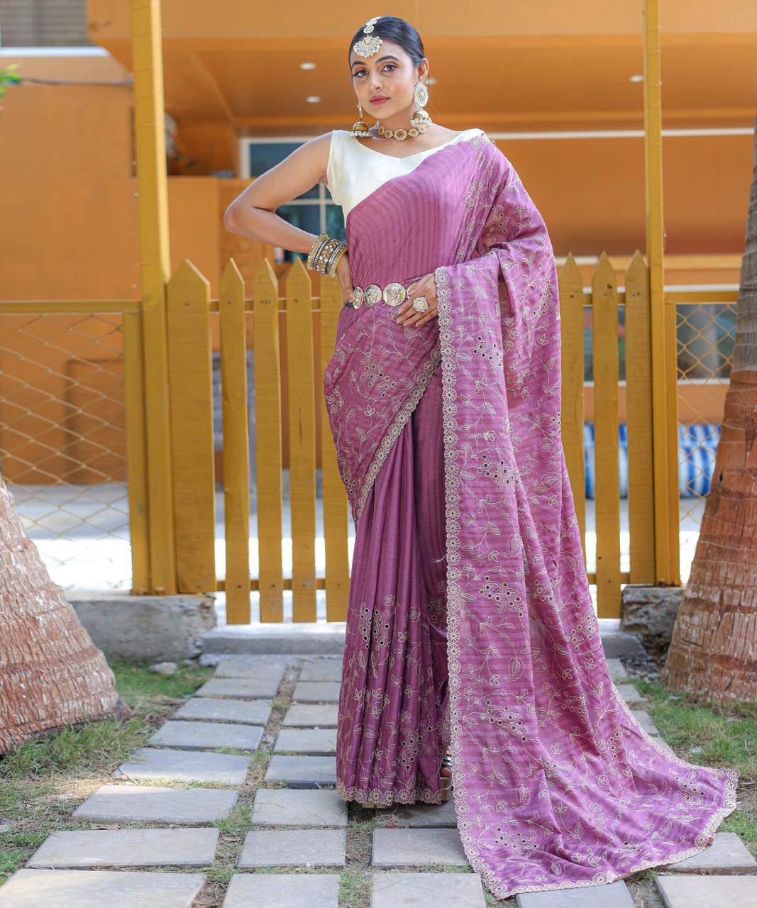 Women's Royal Prussian Blue Georgette Saree with Intricate Silver Thread & Mirror Work Embroidery β Perfect for Festive & Wedding Celebrations - Image 9